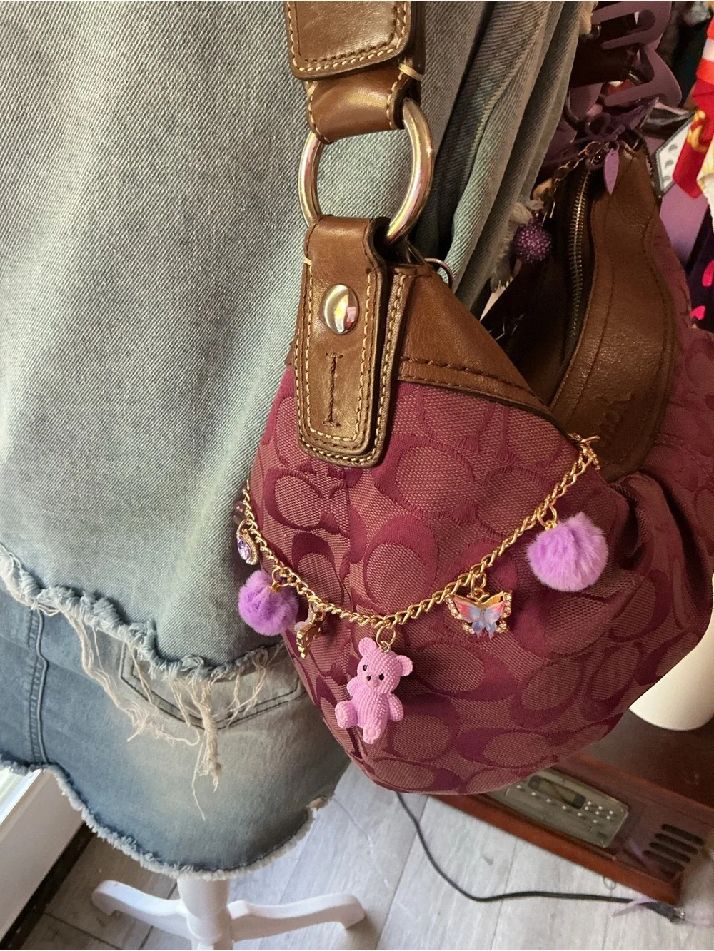 Coach Plum Signature Hobo with Brown Trim and Floral Charm